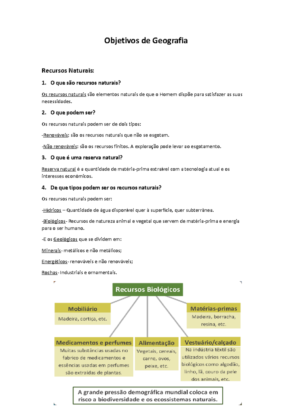 Objetivos de Geografia - Objetivos de Geografia Recursos Naturais: 1. O ...
