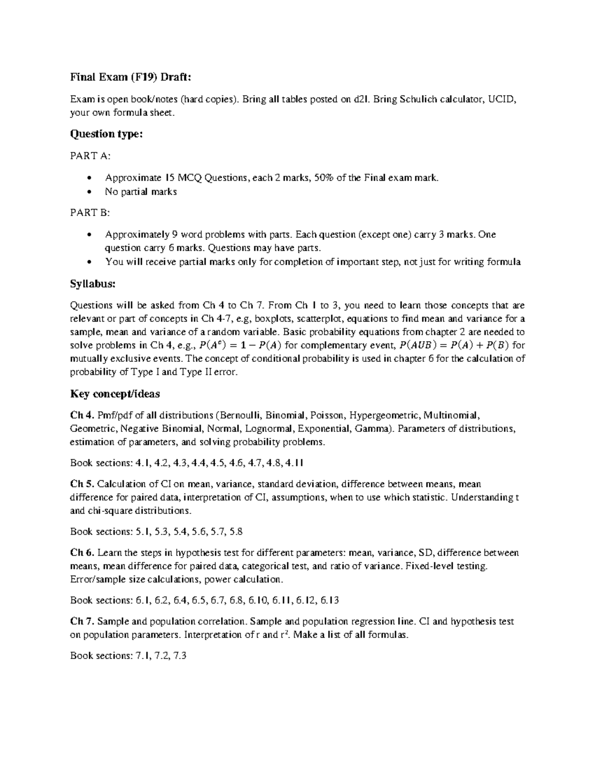 Fall 2019 Final exam details, with specific textbook chapters to review ...