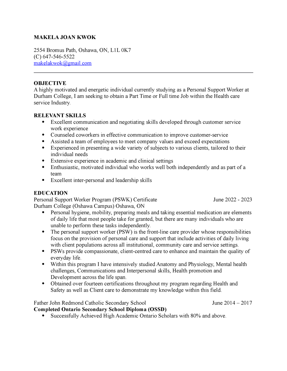 functional resume for psw