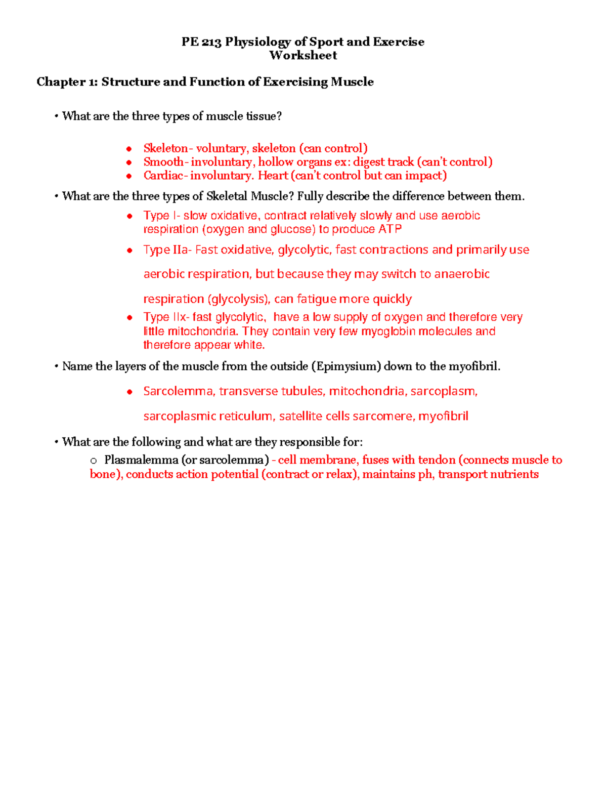 Chapter 1 - Muscle - PE 213 - PE 213 Physiology of Sport and Exercise ...