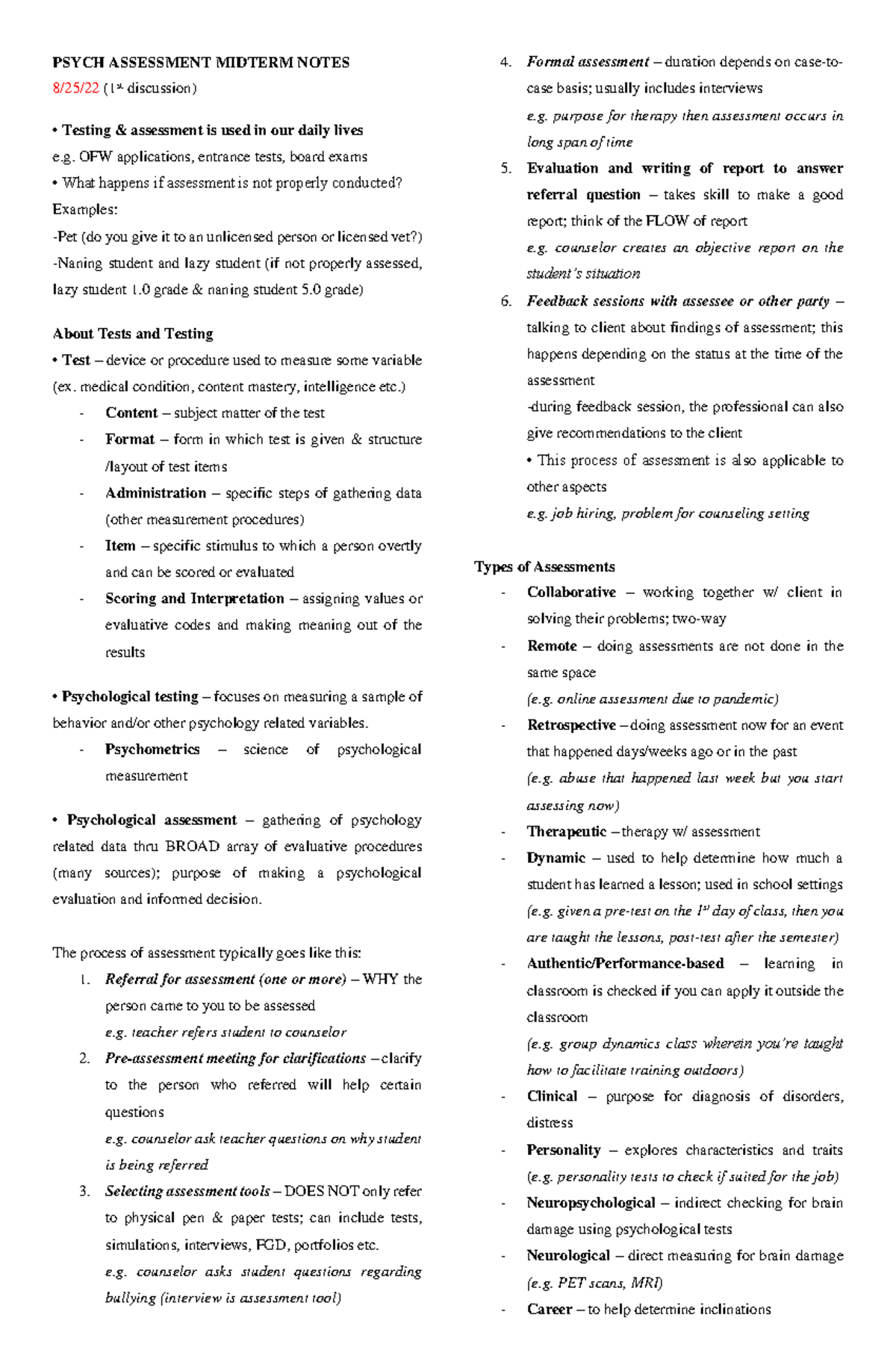 Psych Assessment Midterm Notes Psych Assessment Midterm Notes 8 25 22