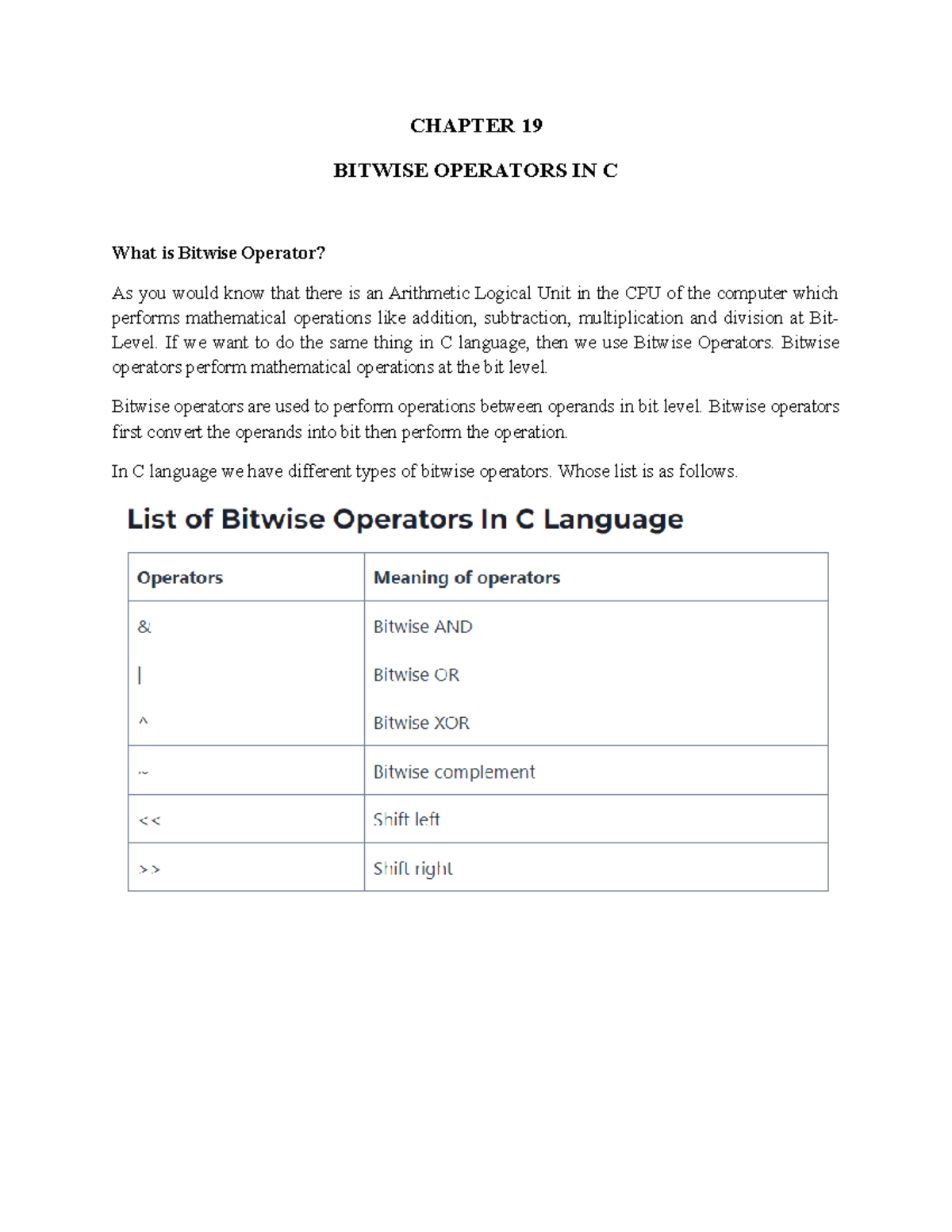 Chapter 19 Bitwise Operators IN C - CHAPTER 19 BITWISE OPERATORS IN C ...