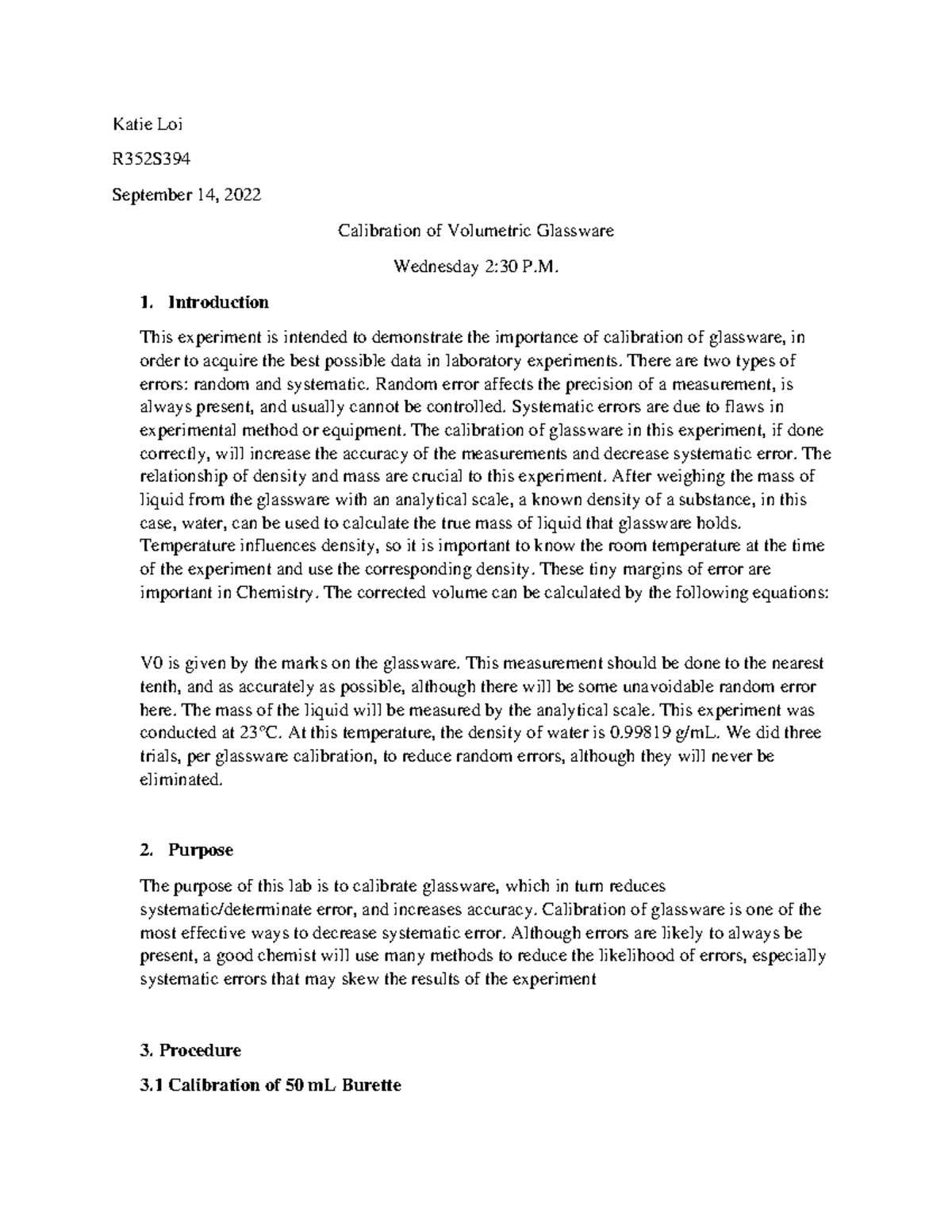Analytical lab 1 lab Katie Loi R352S September 14, 2022 Calibration