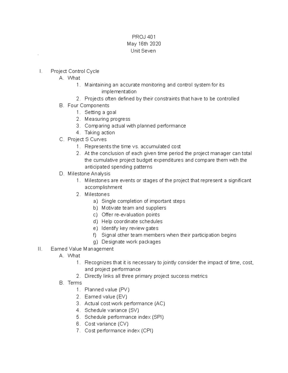 Unit 7 Project Control Cycle - PROJ 401 May 16th 2020 Unit Seven I ...