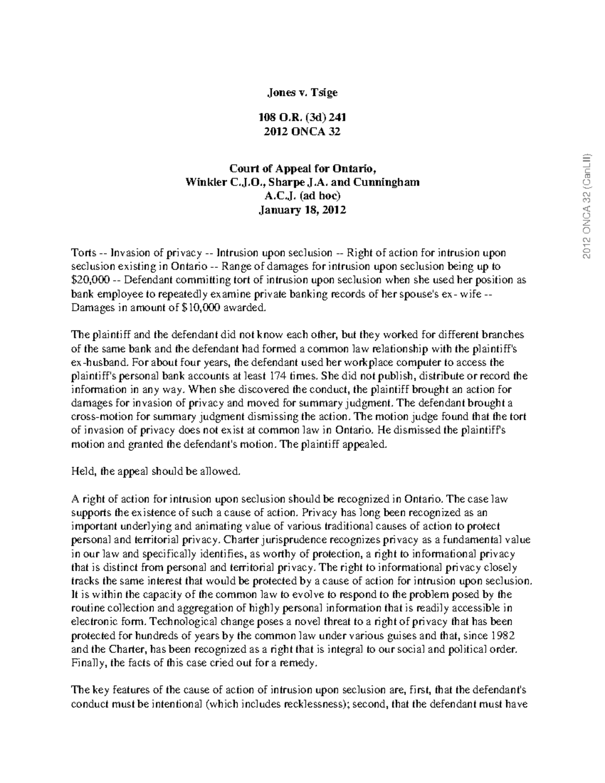 Jones v. Tsige 2012 ONCA Court of Appeal for Ontario Jones v. Tsige