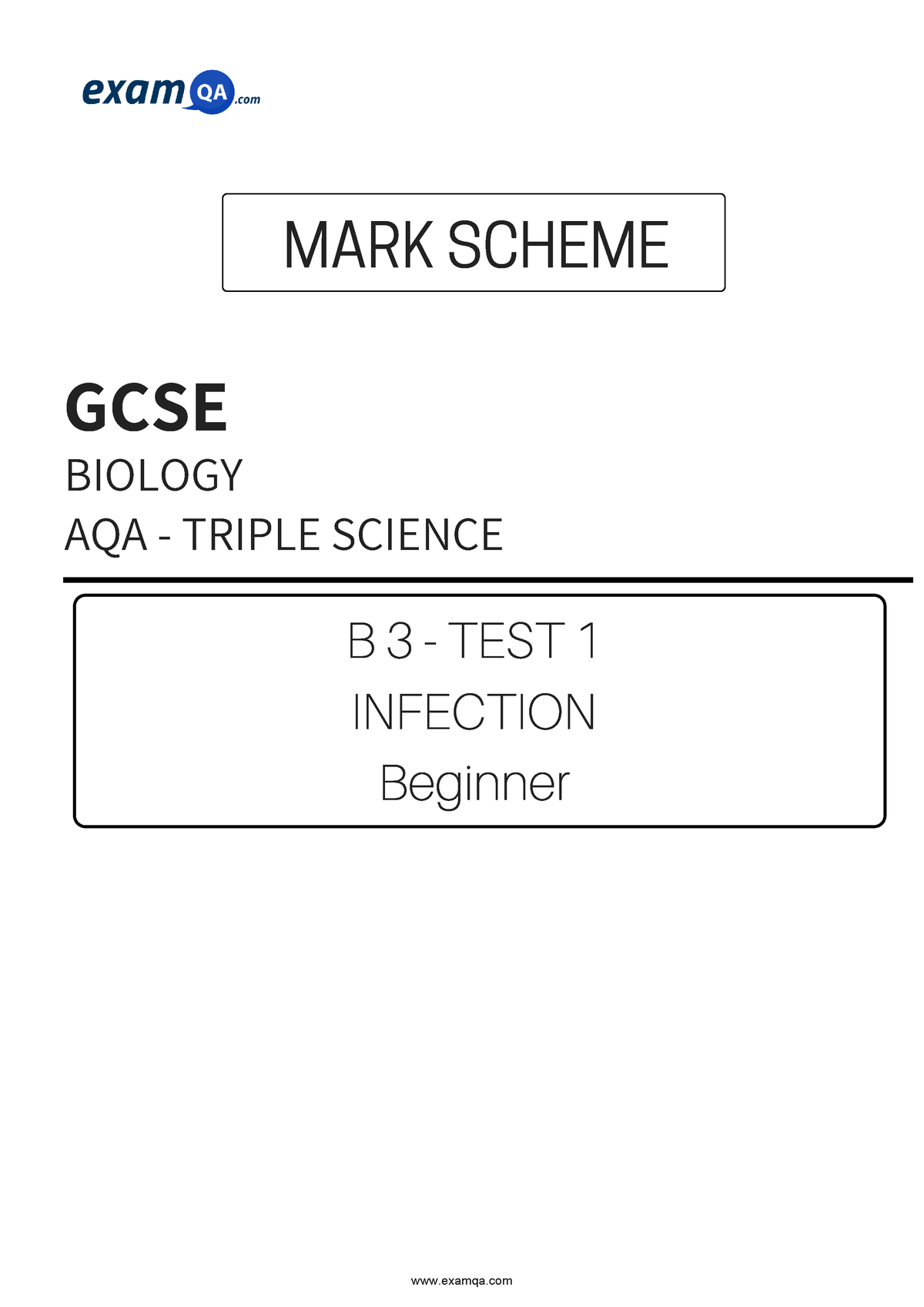 AQA GCSE Triple B3 Test 1 Beginner MS - B 3 - TEST 1 INFECTION Beginner ...