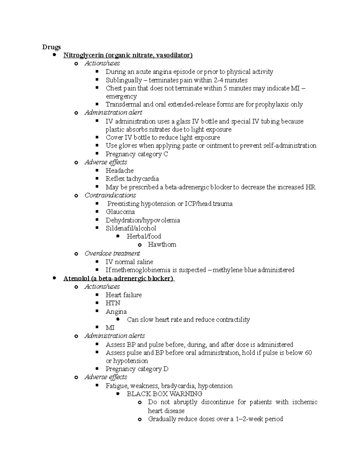 Chapter 28 - Drugs Nitroglycerin (organic nitrate, vasodilator) o ...