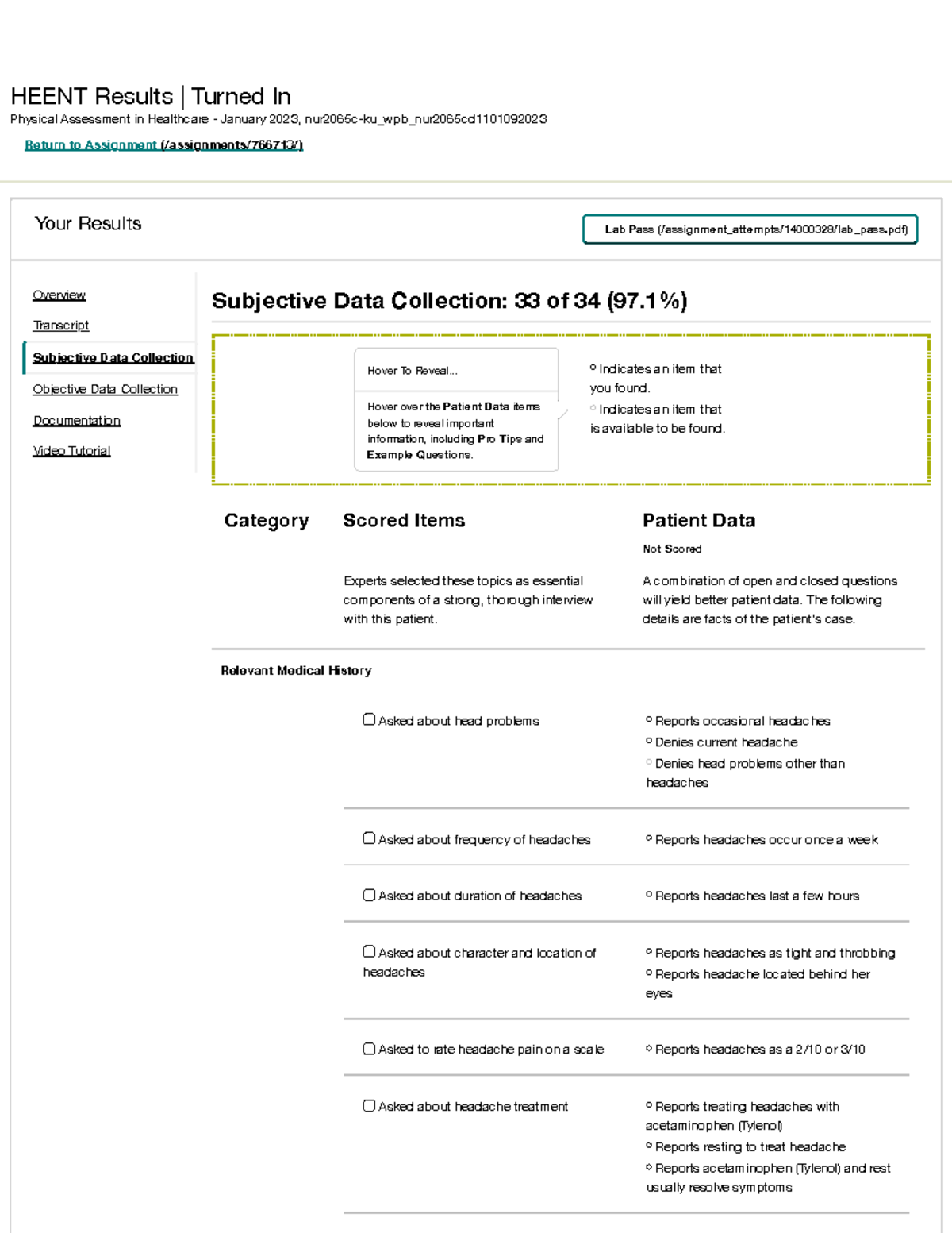 Heent Subjective - Shadow Health TJ - HEENT Results | Turned In ...