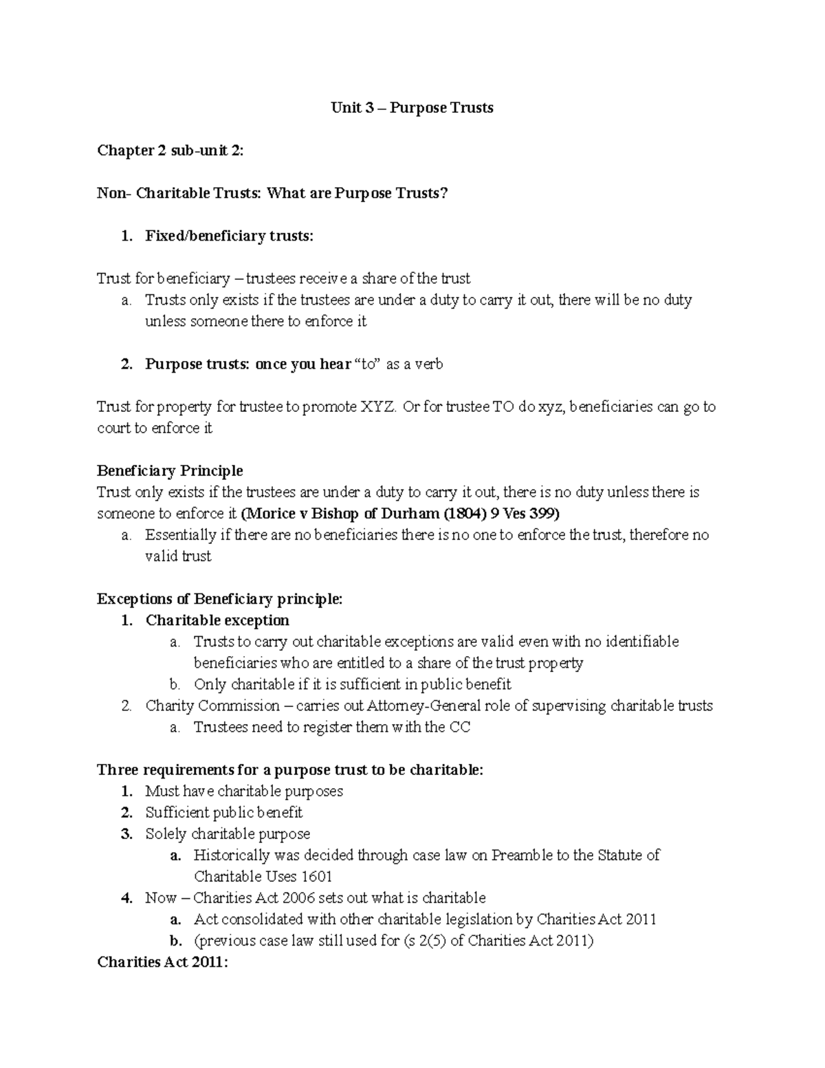 Unit 3 - Purpose Trusts Notes - Unit 3 – Purpose Trusts Chapter 2 sub ...