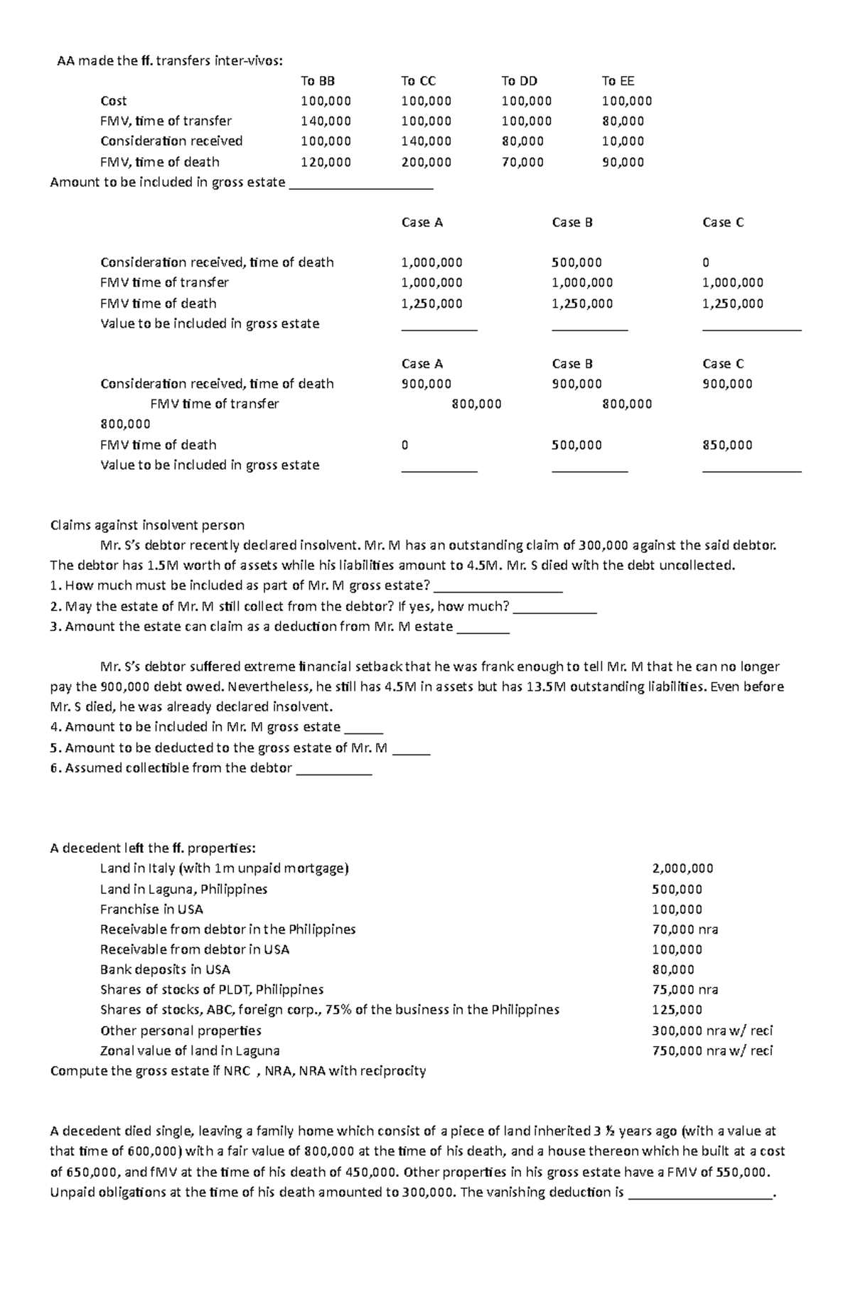 Estatetaxationsample AA made the ff. transfers intervivos To BB