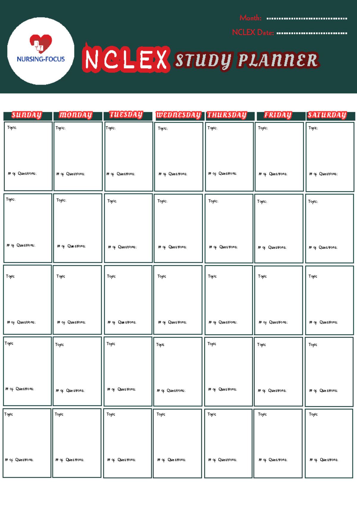 Study Planner NCLEX Date Month N C L E XN C L E X S T U D Y P L A N