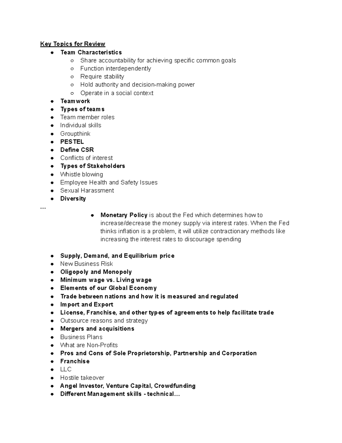 Foundations of Business - Key Topics for Review Team Characteristics ...