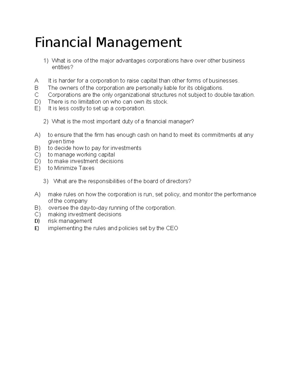 Financial Management Midterm - Financial Management 1) What Is One Of ...