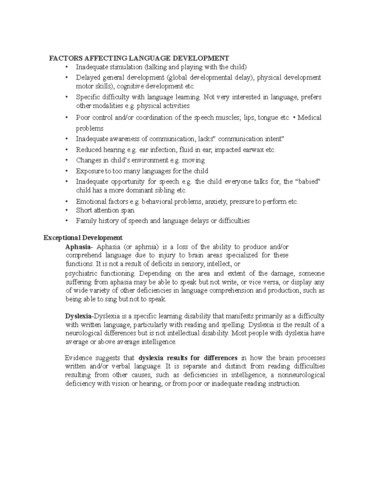 Cognitive Development - Specific difficulty with language learning. Not ...