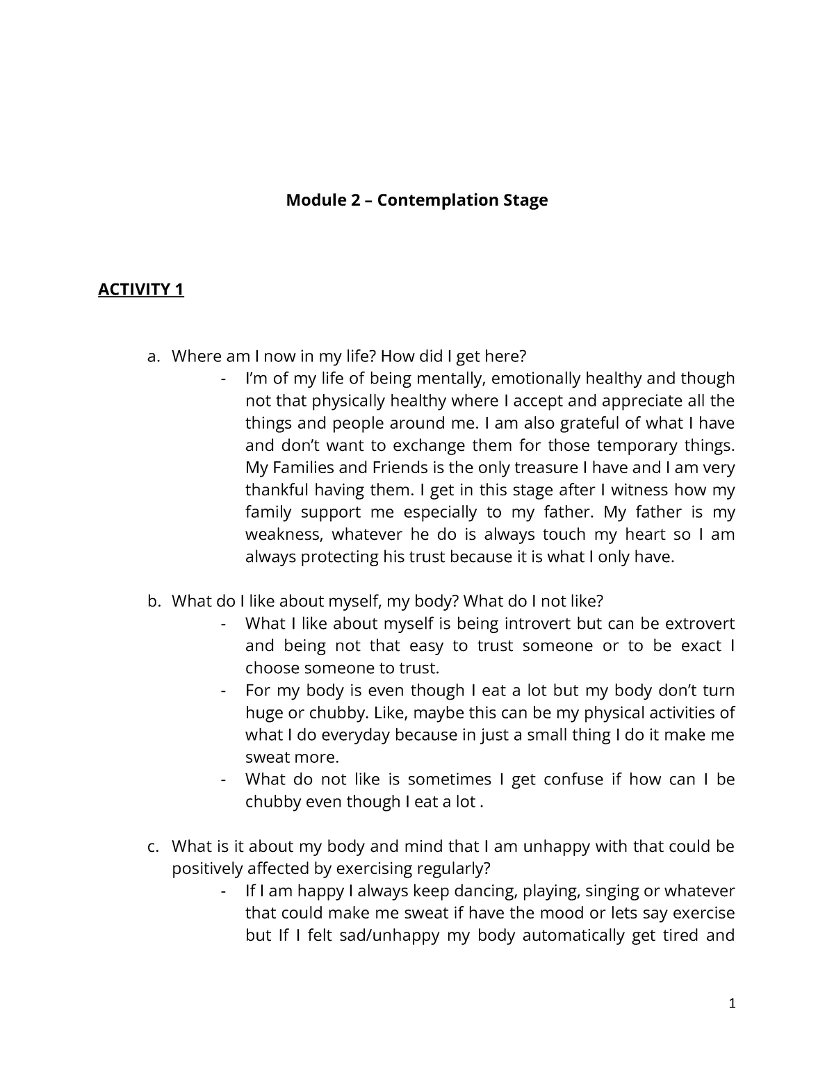 Contemplation Stage - Module 2 – Contemplation Stage ACTIVITY 1 a ...