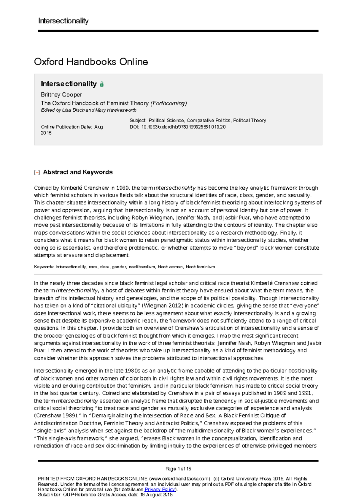 Intersectionality Page 1 of 15 PRINTED FROM OXFORD HANDBOOKS ONLINE