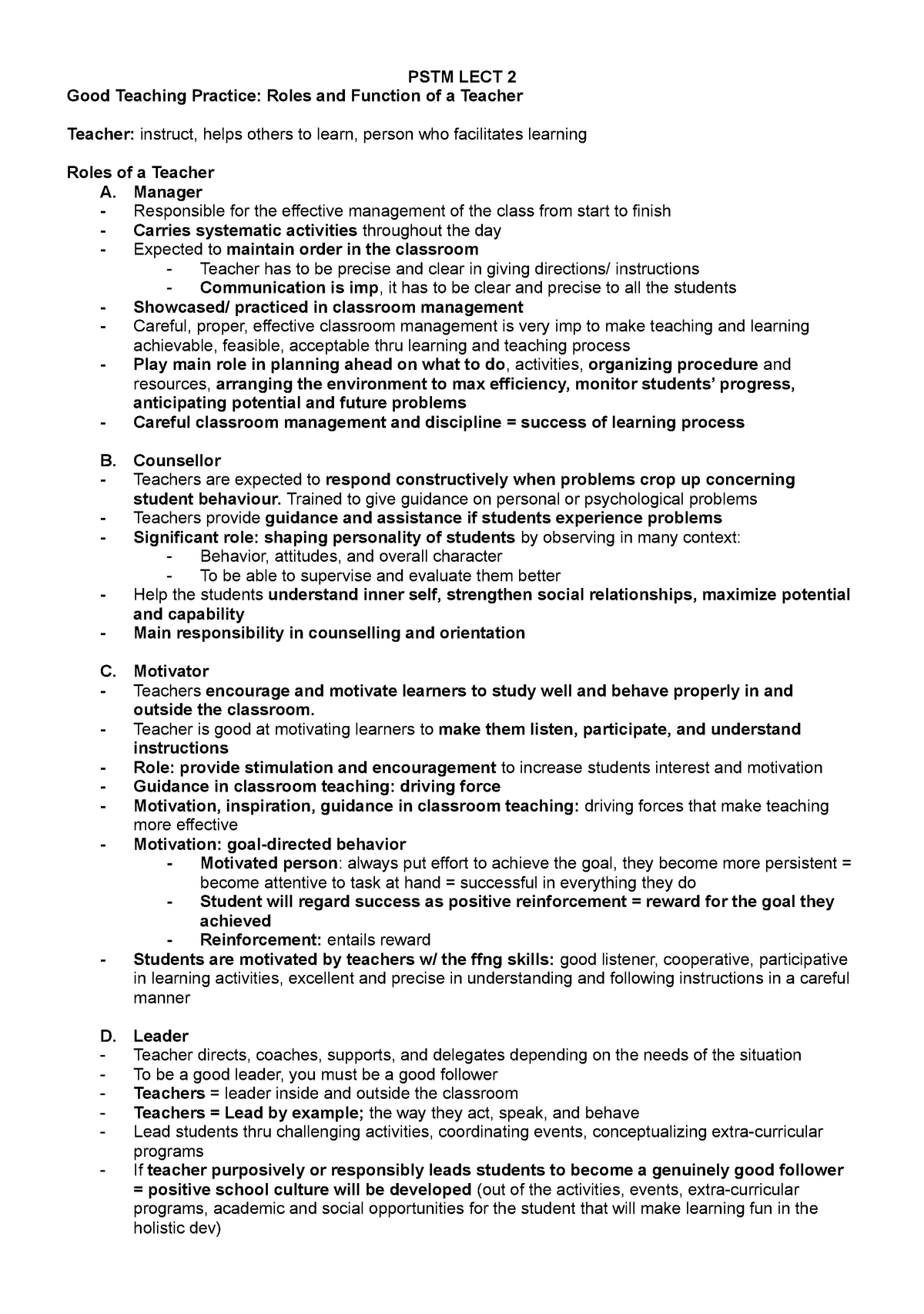 PSTM-LECT-2 - Lecture Notes 1-2 - PSTM LECT 2 Good Teaching Practice ...