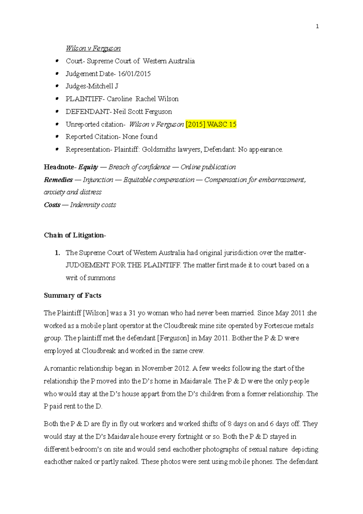 Wilson v Ferguson CASE NOTE assignment Notes 1 Wilson v Ferguson