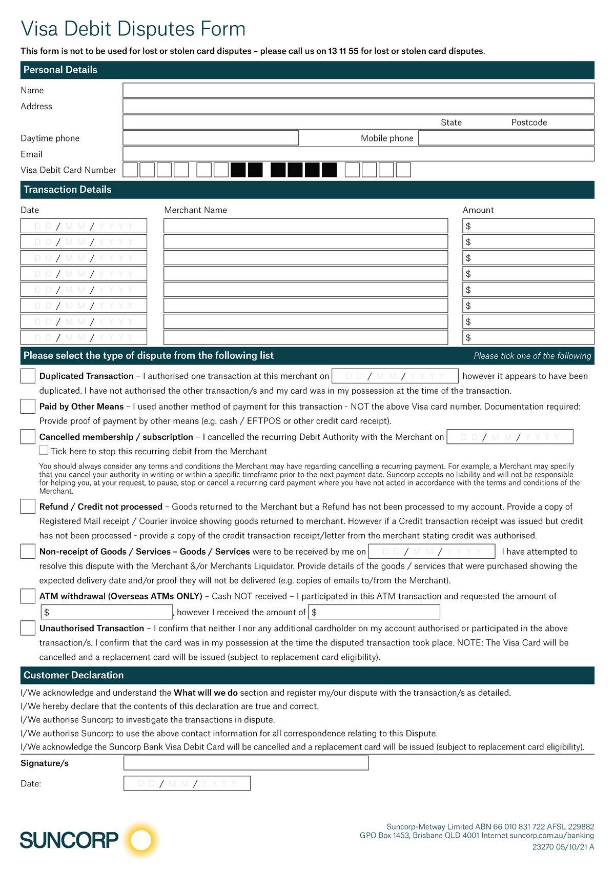 Visa-dispute-form assignment mid year commercial - Suncorp-Metway ...