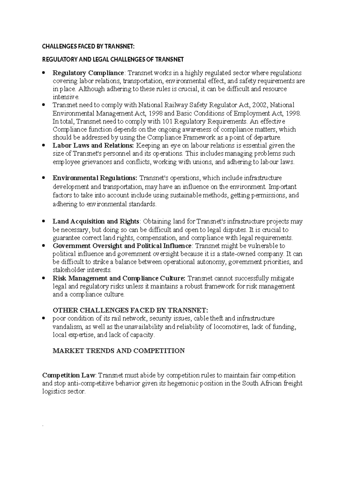 MARKETING AND STRATEGIES - CHALLENGES FACED BY TRANSNET: REGULATORY AND ...
