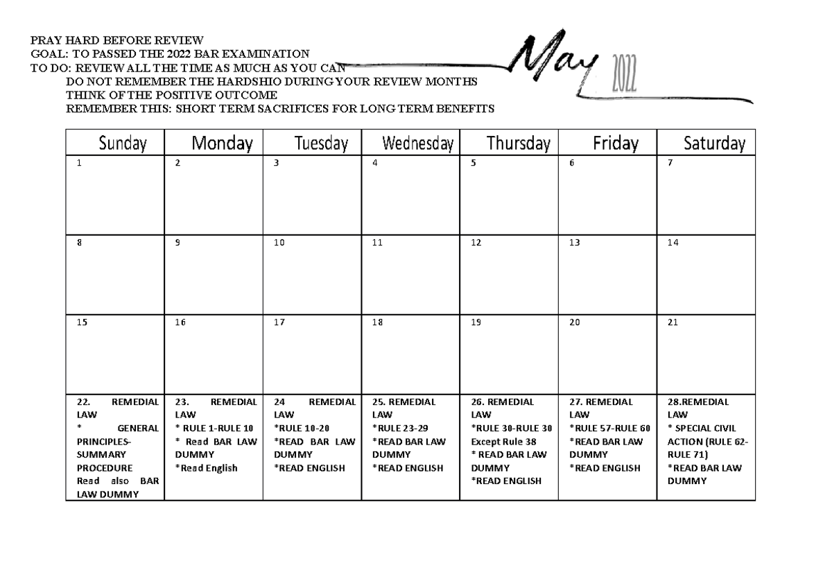 Review Schedule - Owshii - Pray Hard Before Review Goal: To Passed The 