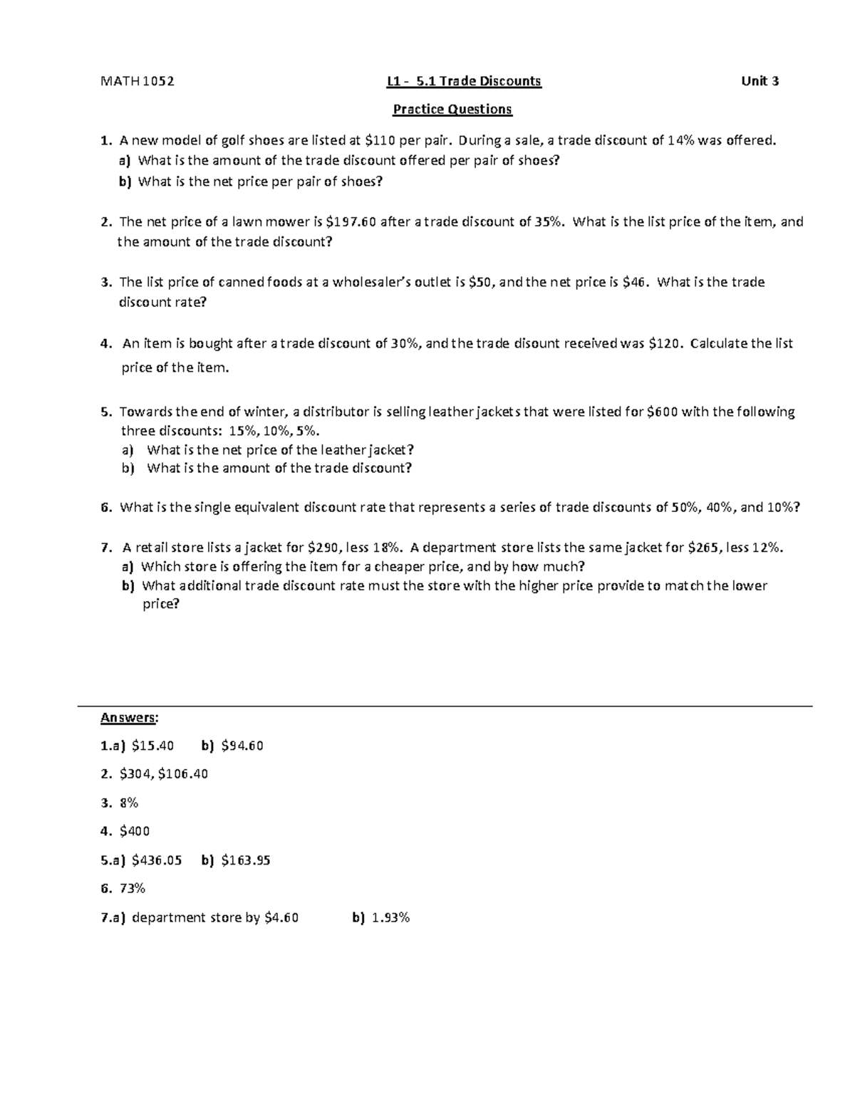 L1 5.1 Trade Discounts Practice MATH 1052 L1 5 Trade Discounts