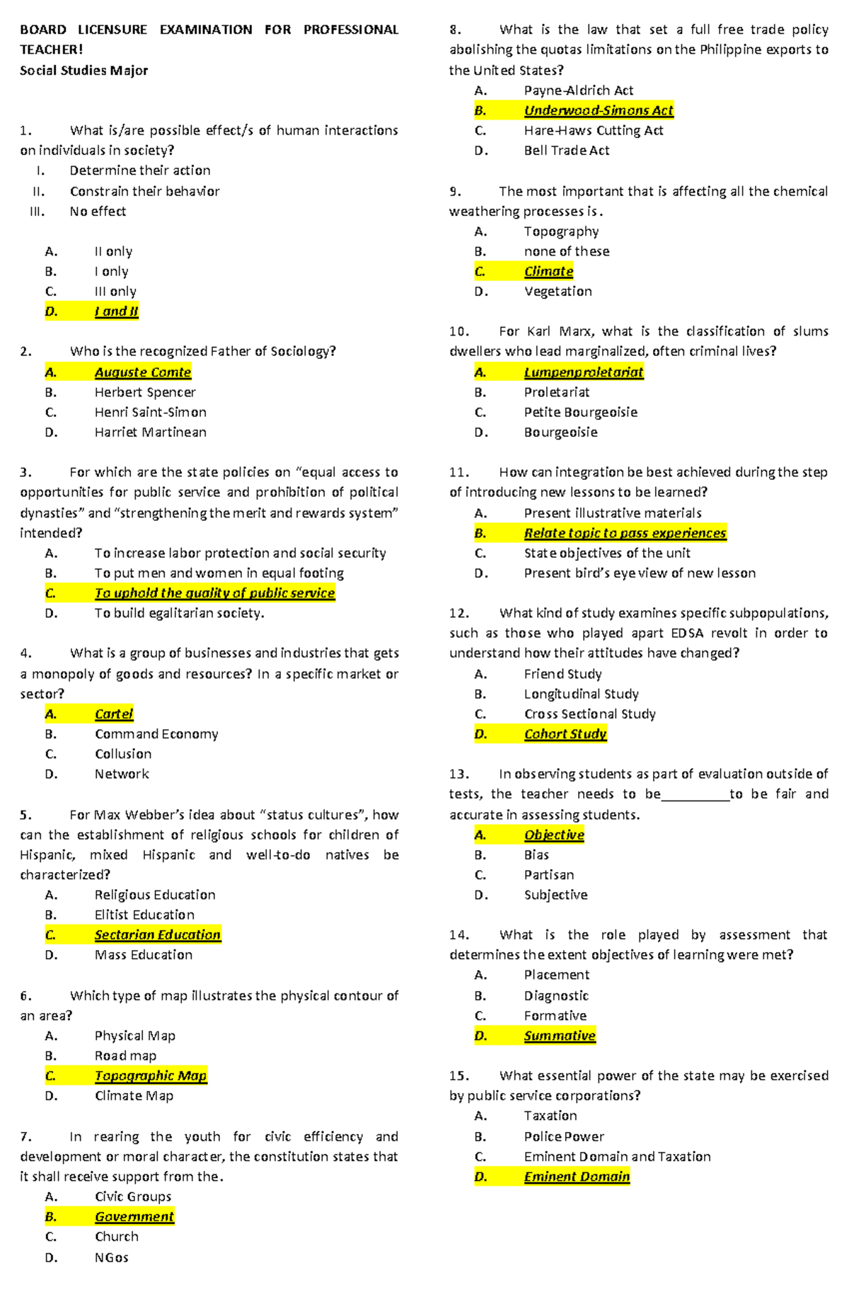 Social Studies 150 items w Ans - BOARD LICENSURE EXAMINATION FOR ...