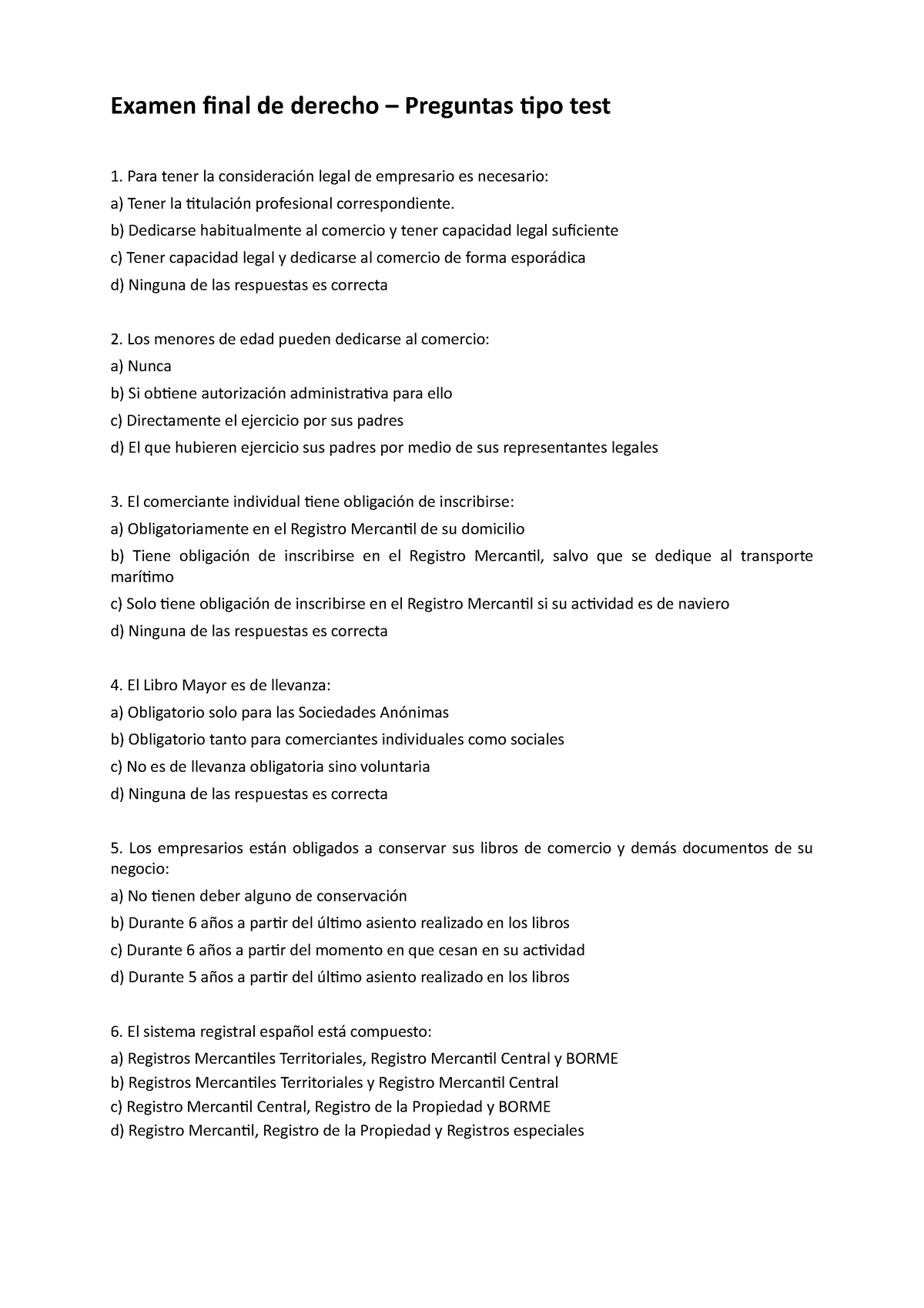 Examen Preguntas Y Respuestas Examen Final De Derecho Preguntas Tipo Test Para