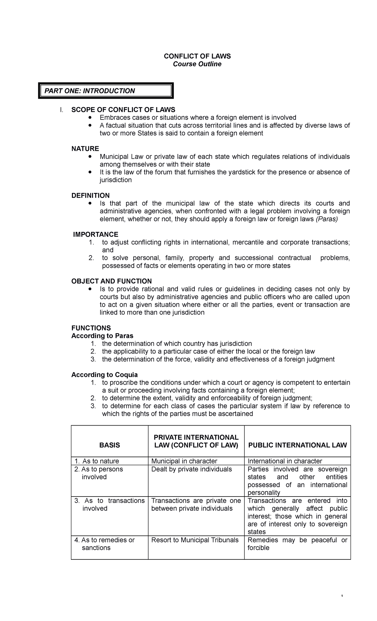 Conflict of laws complete notes doc - CONFLICT OF LAWS Course Outline ...