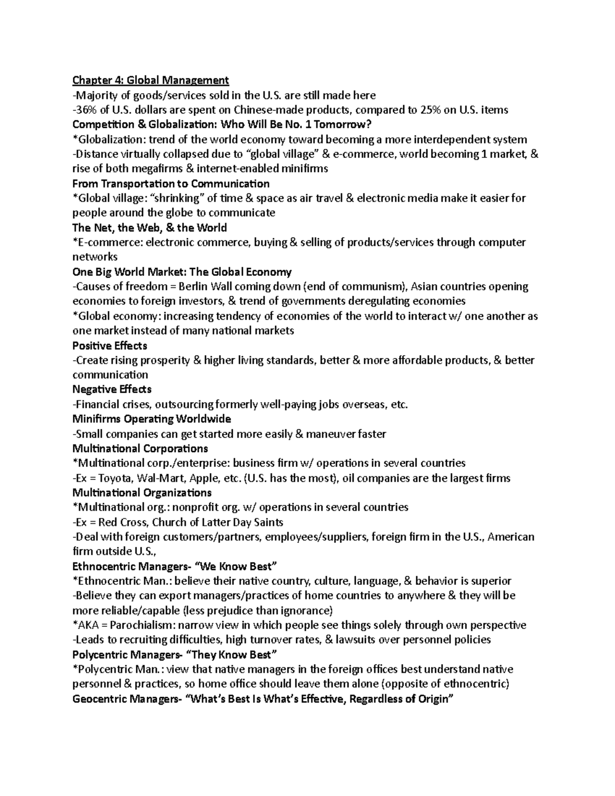 MGT 300-Ch. 4 - Lecture notes 4 - Chapter 4: Global Management ...
