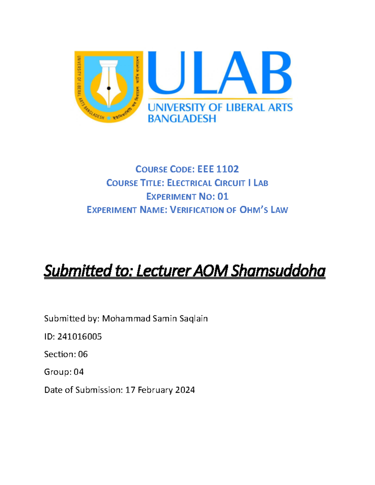 MD Samin Saqlain Experiment 1 Ohm's law - COURSE CODE: EEE 1102 COURSE ...