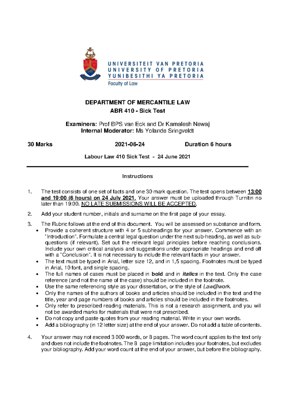 Sick Test 2021 & Memo - DEPARTMENT OF MERCANTILE LAW ABR 410 - Sick ...