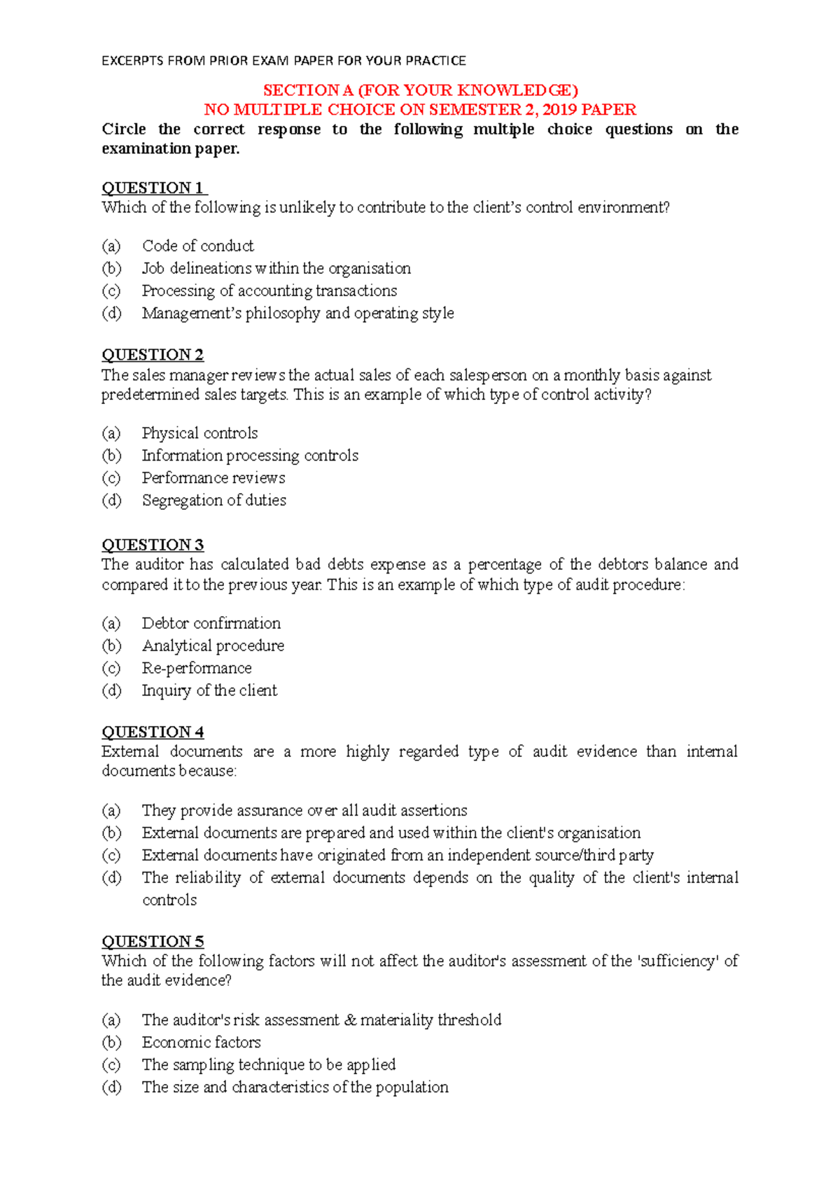 Exam 15 November 2018, questions - SECTION A (FOR YOUR KNOWLEDGE) NO ...
