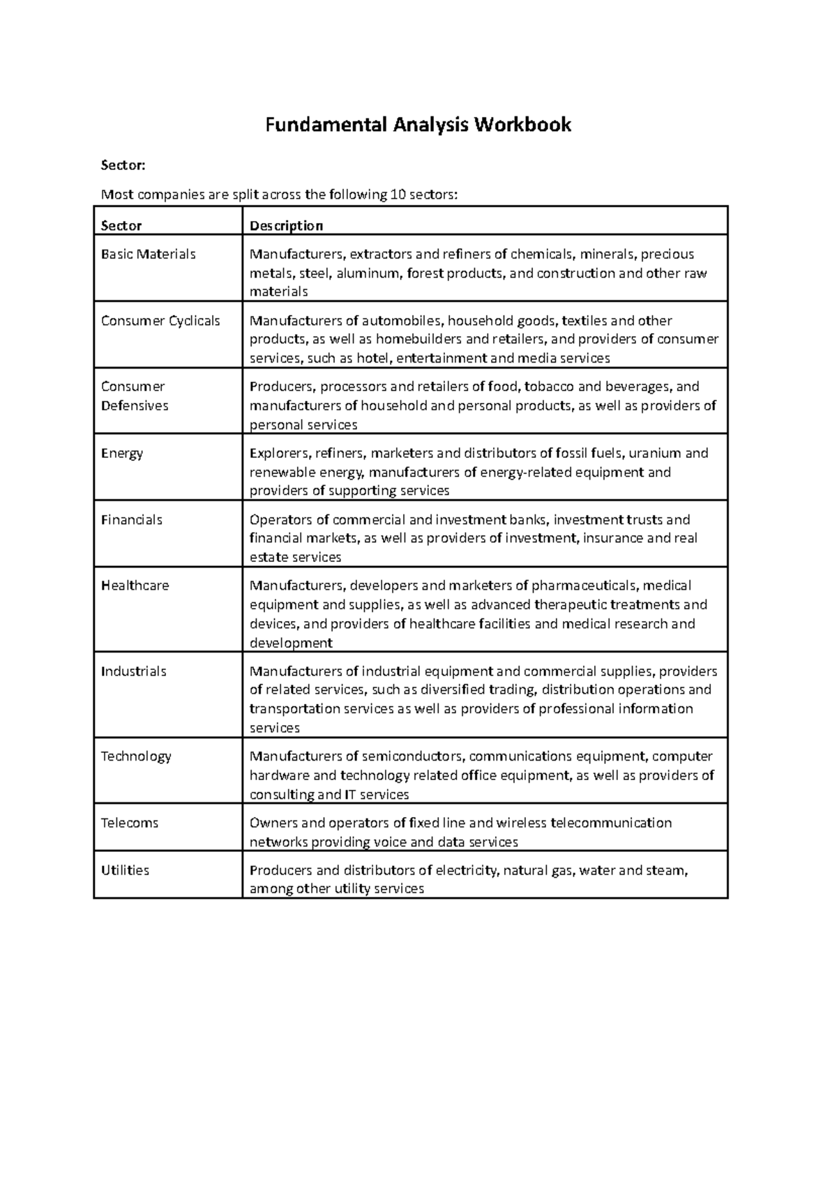 Fundamental Analysis Workbook - Fundamental Analysis Workbook Sector ...