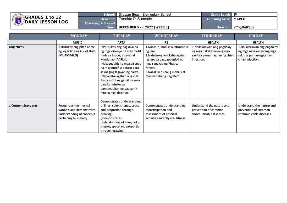 DLL Mapeh 4 Q2 W5 - DAILY LESSON PLAN - GRADES 1 To 12 DAILY LESSON LOG ...