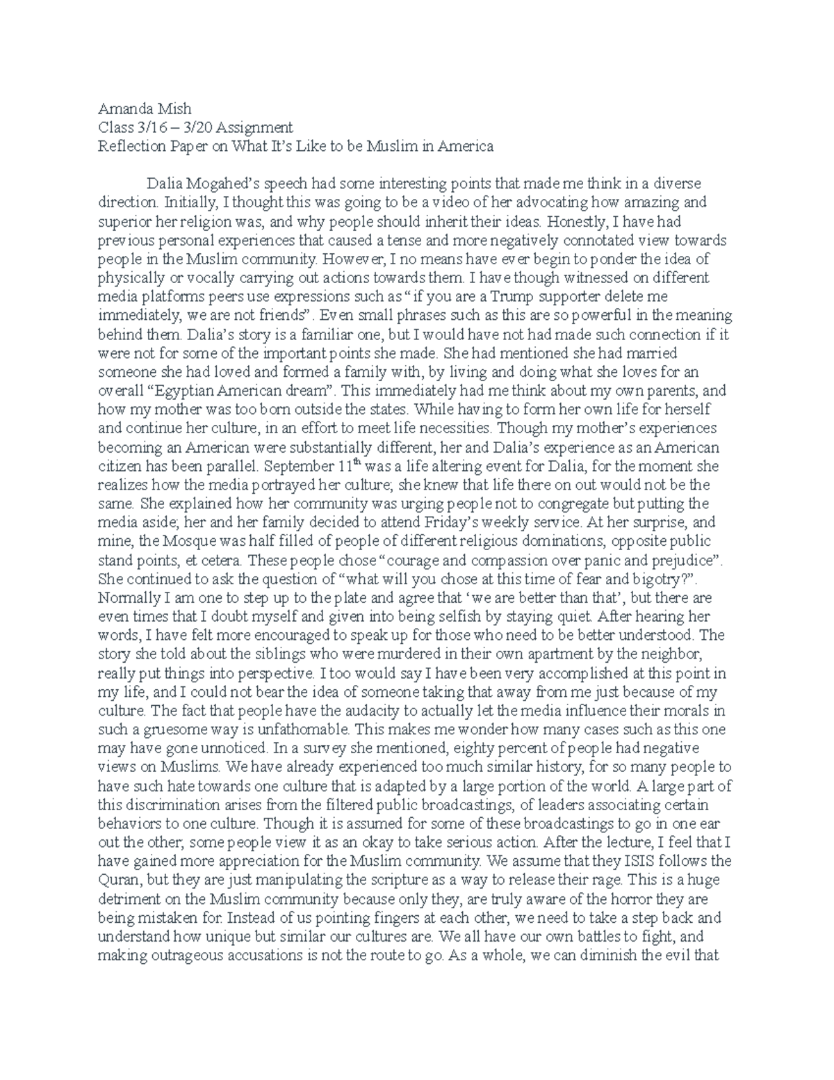 Reflection Paper on What It’s Like to be Muslim in America - Amanda ...