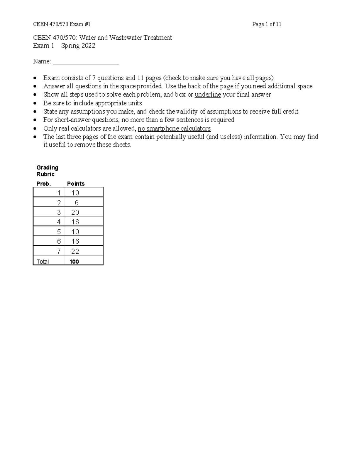 470 570 Fa22 Exam1 Practice Exam CEEN 470/570 Water and Wastewater