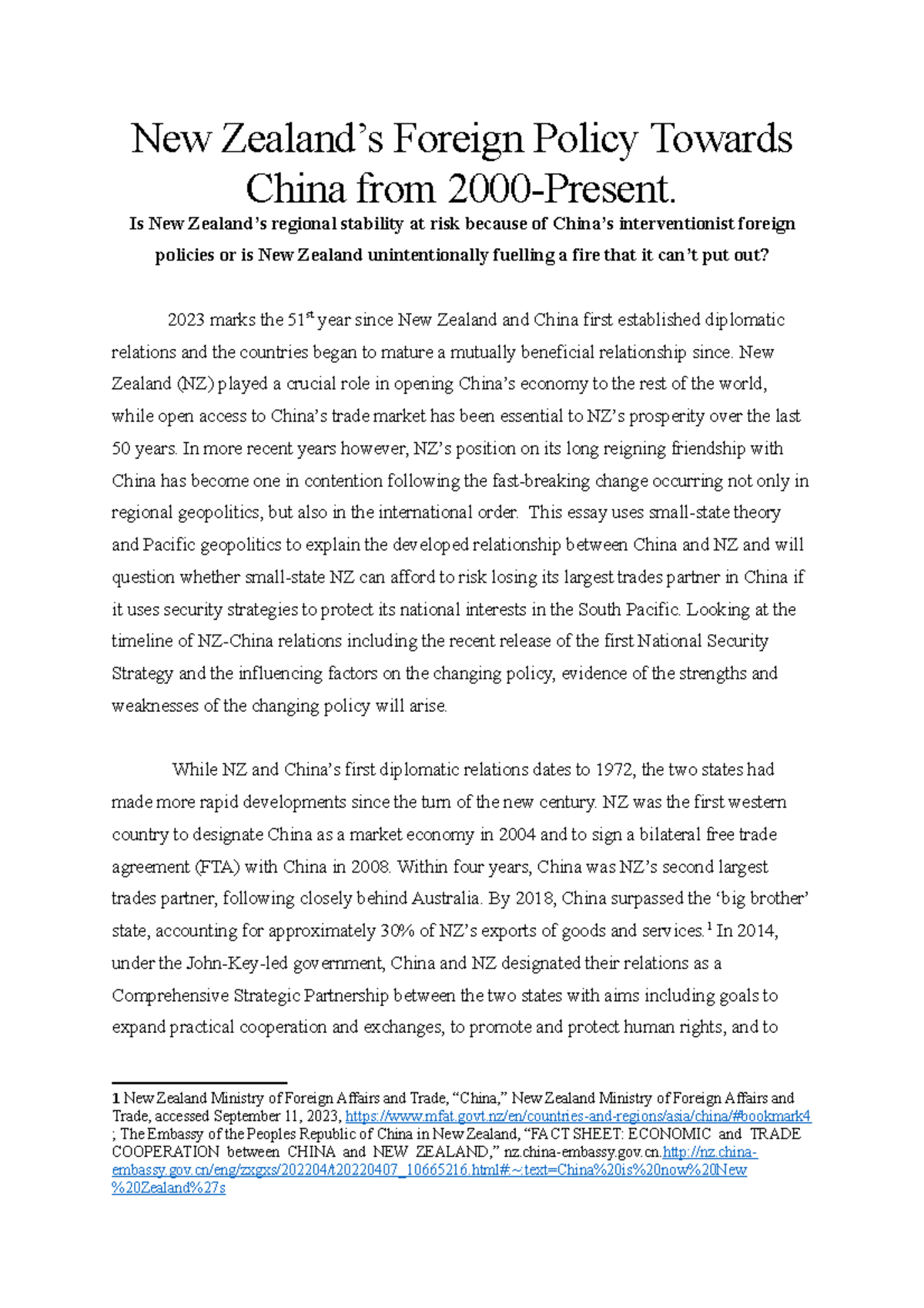 China-NZ research essay - New Zealand’s Foreign Policy Towards China ...