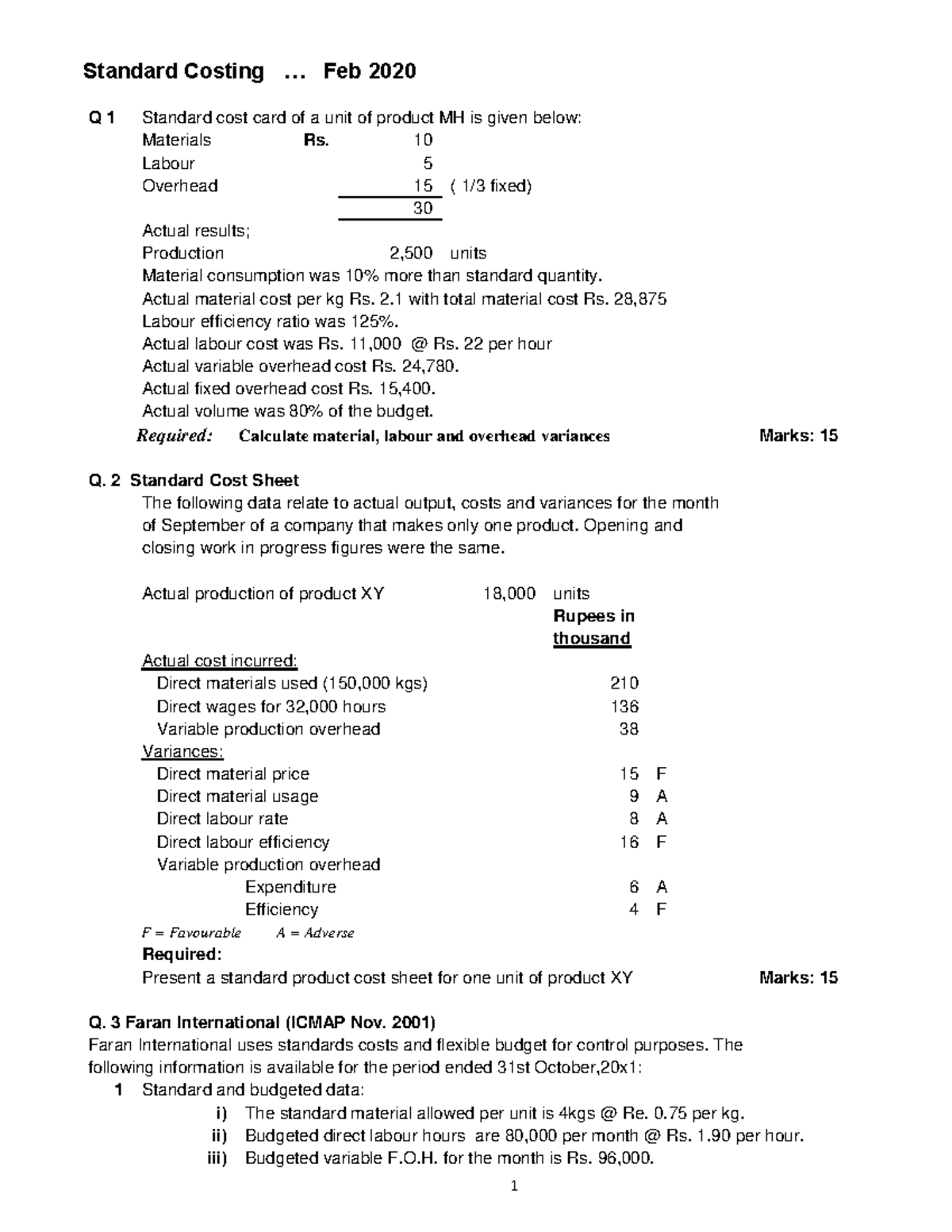 Standard Costing notes Standard Costing Feb 2020 Q 1 Standard