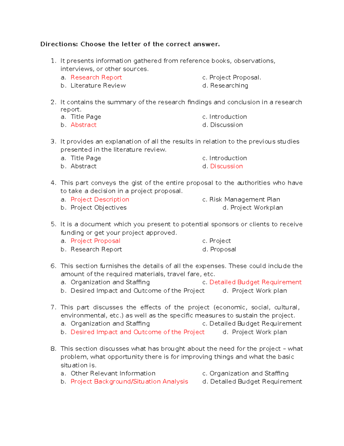 KEY- Answer - Directions: Choose the letter of the correct answer. 1 ...