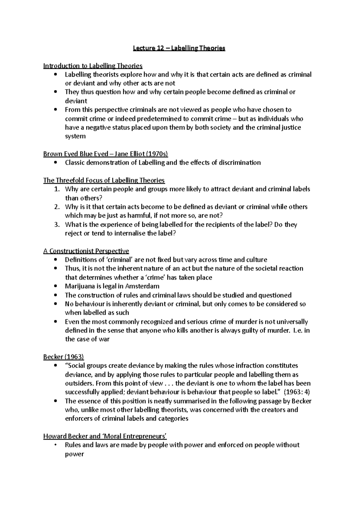 Lecture 12 - Lecture 12 – Labelling Theories Introduction To Labelling 