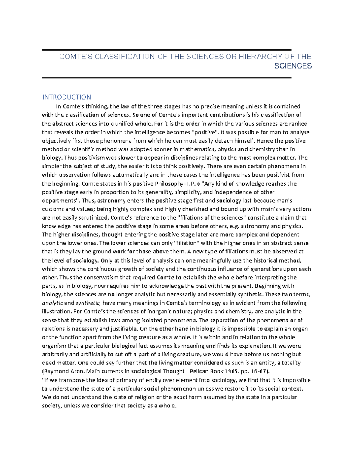 Classification OF THE Sciences - COMTE’S CLASSIFICATION OF THE SCIENCES ...