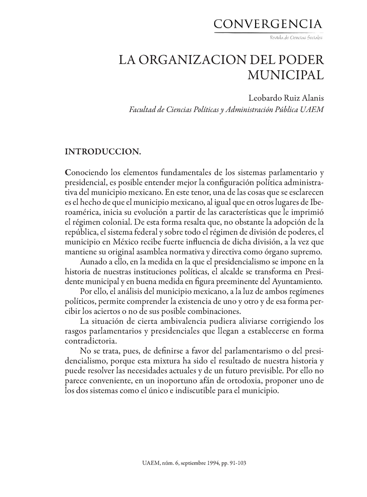 La OrganizaciÓn Del Poder Municipal Uaem Núm 6 Septiembre 1994 Pp 91 La Organizacion Del 9642