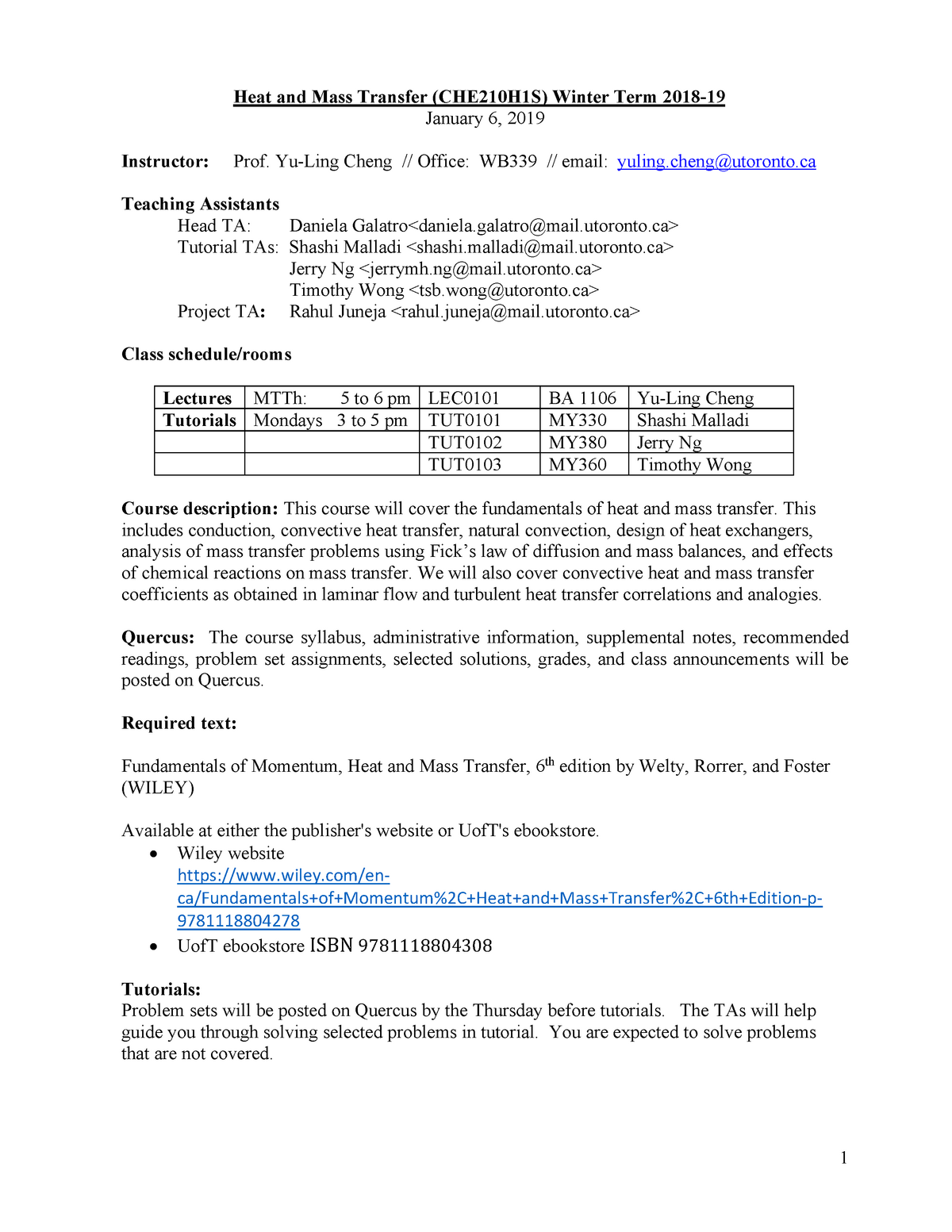 Che210 Syllabus Heat And Mass Transfer U Of T Studocu - 