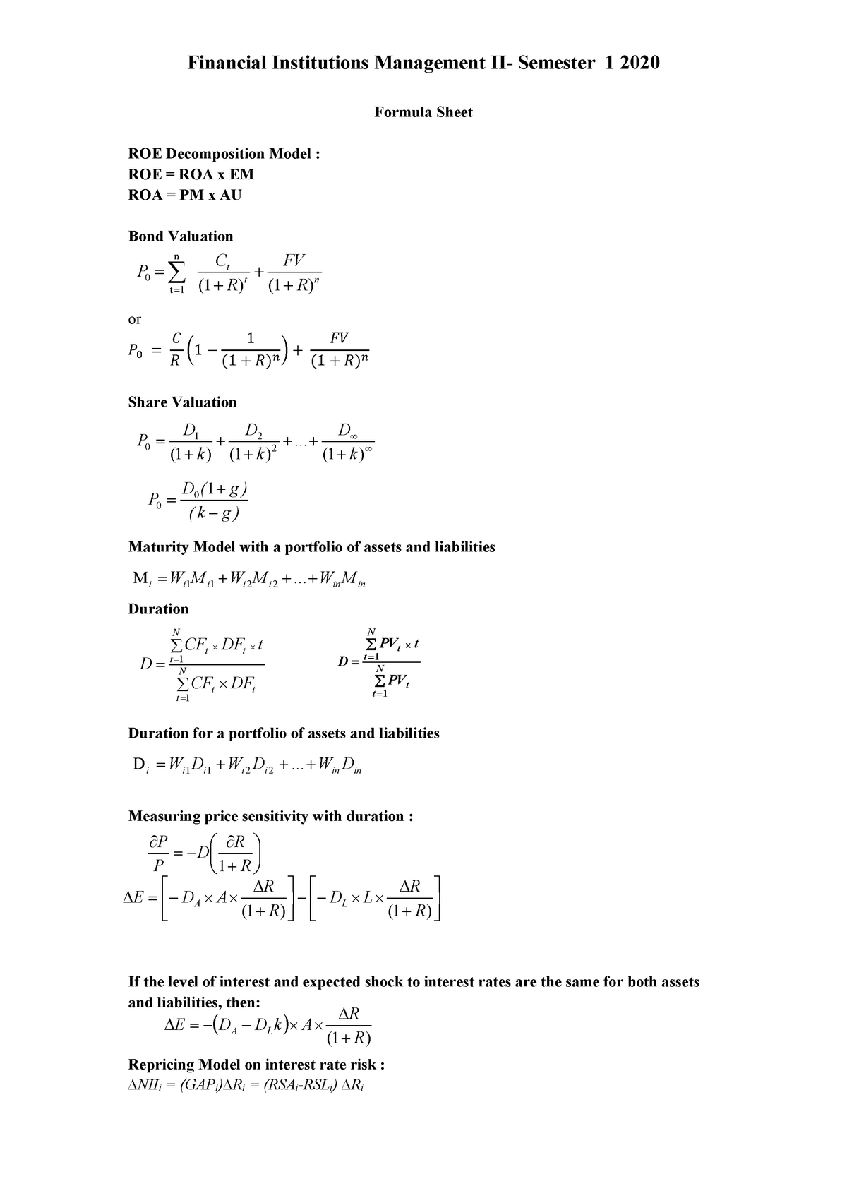 FIM S1 2020 Mid Sem Exam Formula Sheet - Financial Institutions ...