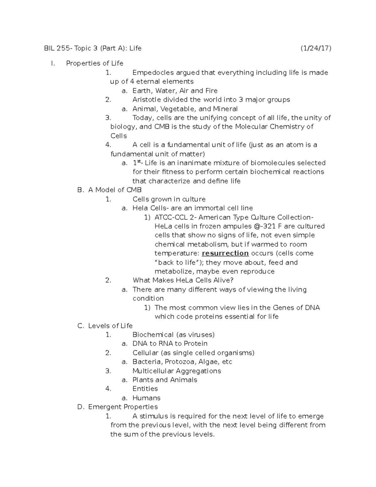 BIL 255 Topic 3A 1-24 (Exam 1) - BIL Topic 3 (Part A): Life I ...