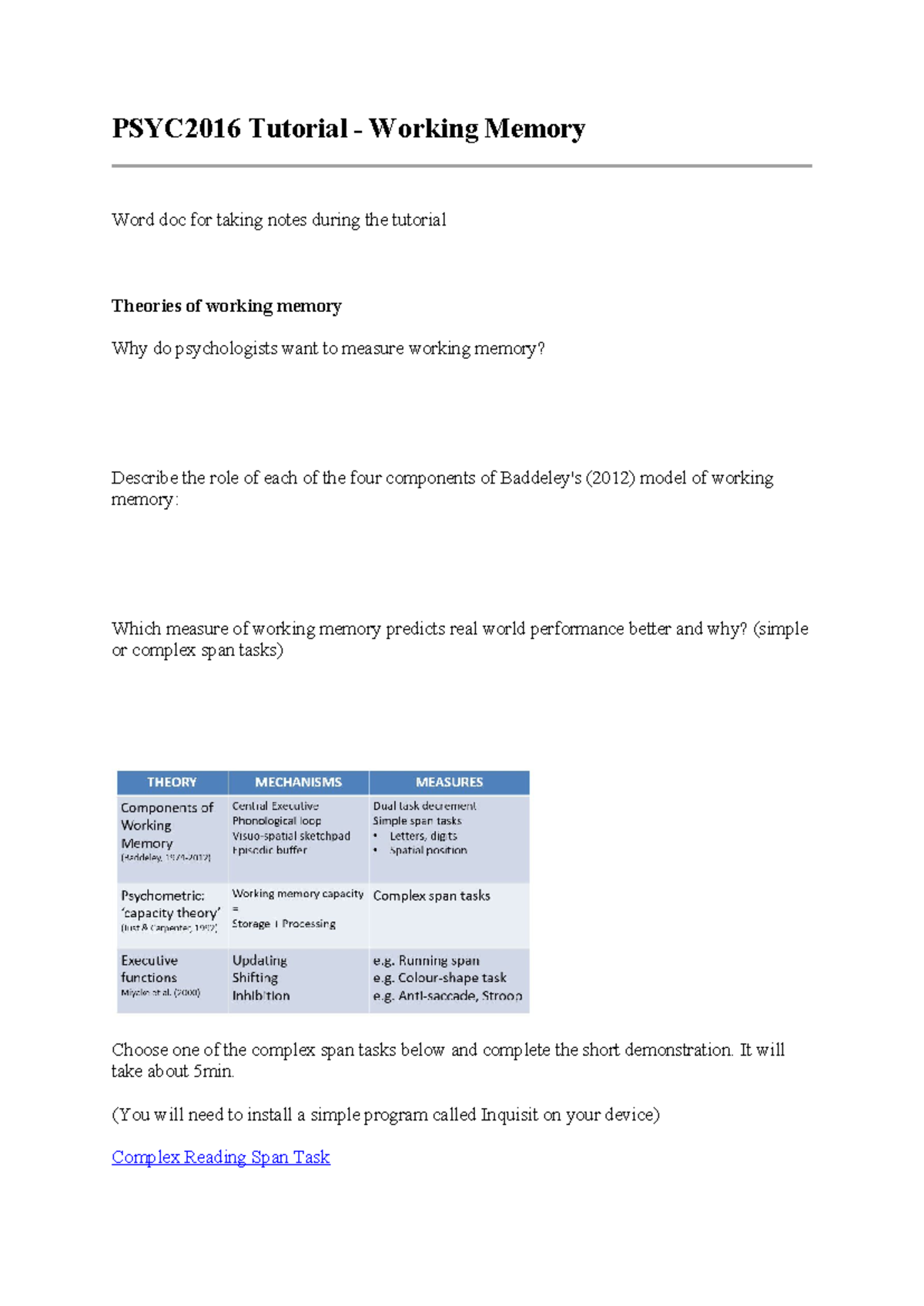 PSYC2016 Working memory tutorial for note taking - PSYC2016 Tutorial ...