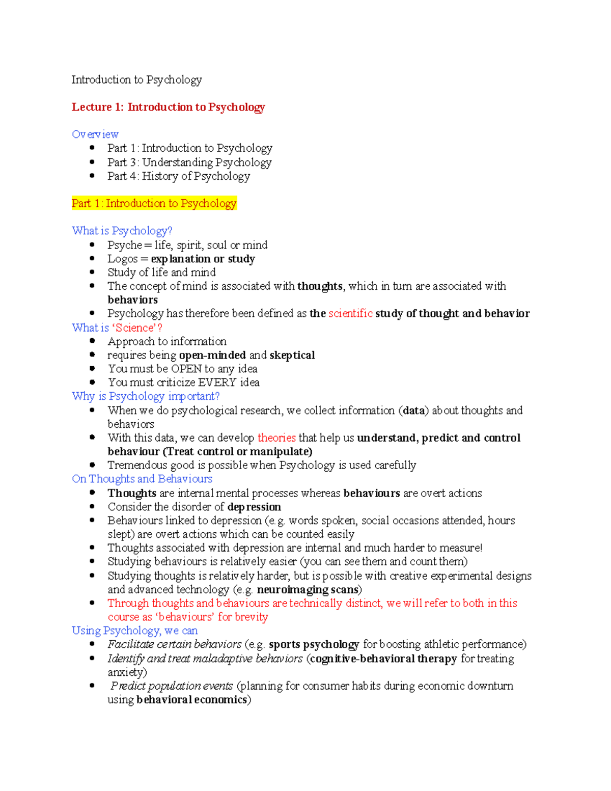 Lesson 1 - Lecture Notes - Introduction To Psychology Lecture 1 ...