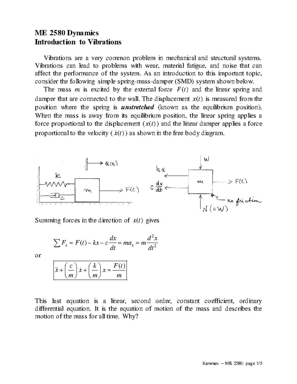 ME258Introductionto Vibrations ME 2580 Dynamics Introduction to