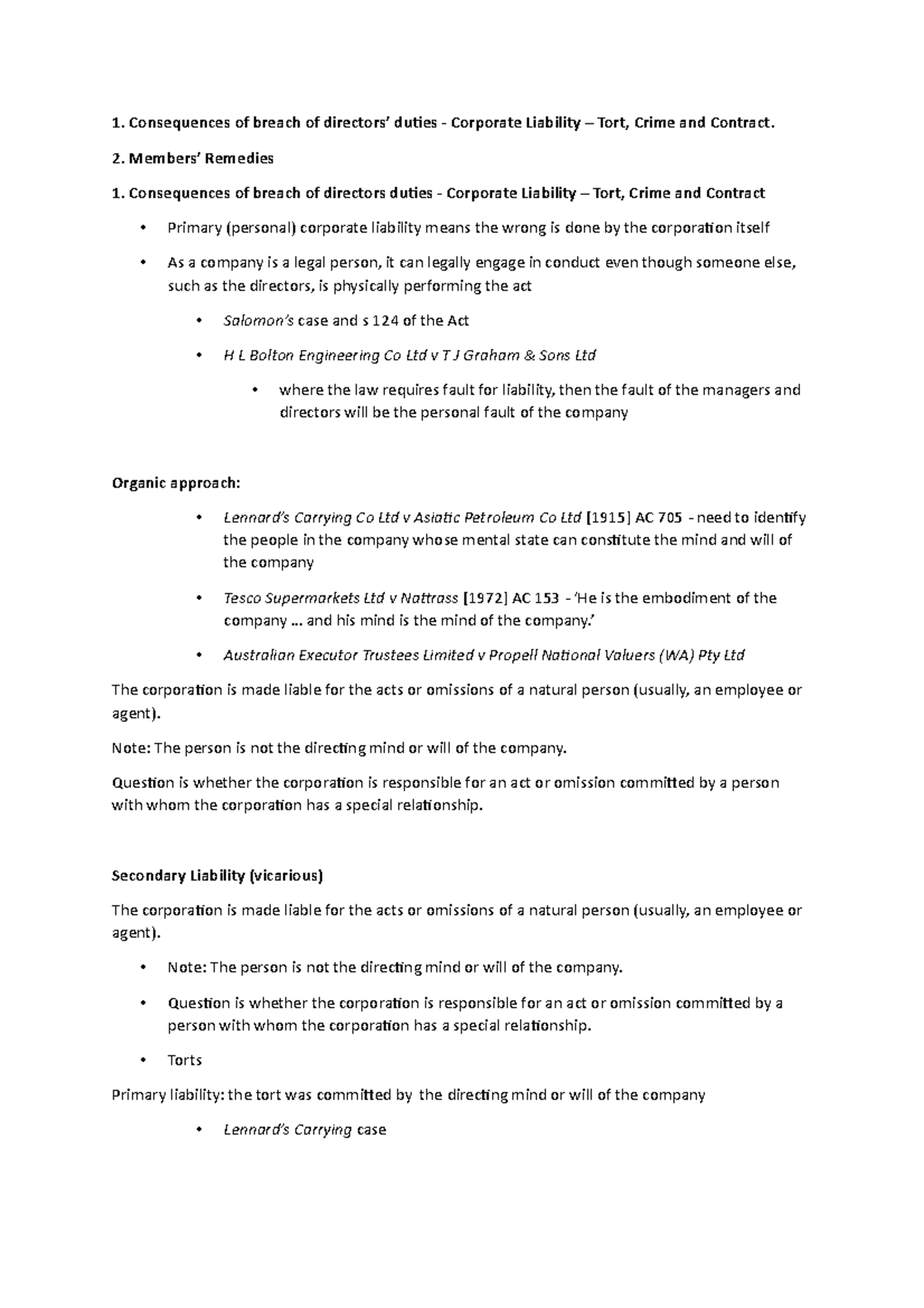 Week 10 Lecture 9 Directors’ and Officers’ Duties - Consequences of ...